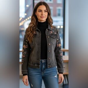 DRIFTWOOD Gray Denim Embroidered Boho Jean Jacket Large (fits like a medium)